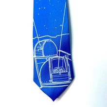 Load image into Gallery viewer, Keck Observatory Necktie, bright blue tie with observatory domes and night sky illustration in white, detail of the bottom on a white background