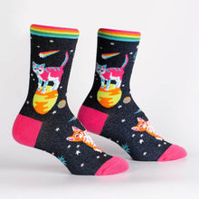 Load image into Gallery viewer, Space Cats Neon Shimmer Crew Socks