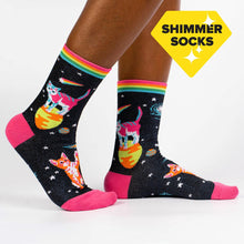 Load image into Gallery viewer, Space Cats Neon Shimmer Crew Socks