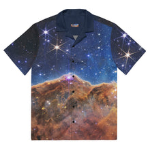 Load image into Gallery viewer, Digital mock up of a short-sleeve button shirt printed with the JWST Carina Nebula Cosmic Cliffs image with navy blue collar and black buttons, laid flat on a white background