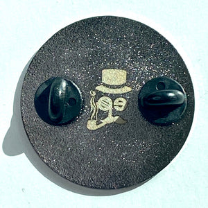 reverse of enamel pin showing two black stoppers and the PINtelligentsia logo