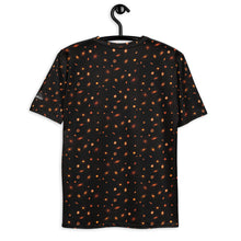 Load image into Gallery viewer, Digital mock-up of t-shirt back, black with small red and orange images of planet-forming disks at various angles, Startorialist logo on left arm.