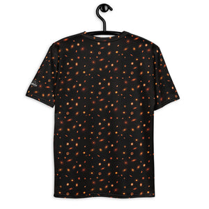Digital mock-up of t-shirt back, black with small red and orange images of planet-forming disks at various angles, Startorialist logo on left arm.