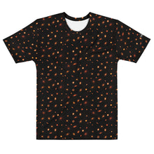 Load image into Gallery viewer, Digital mock-up of t-shirt front, black with small red and orange images of planet-forming disks at various angles.