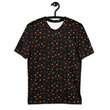 Load image into Gallery viewer, Digital mock-up of t-shirt front, black with small red and orange images of planet-forming disks at various angles.