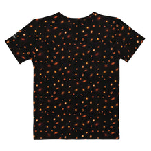 Load image into Gallery viewer, Digital mock-up back of flat t-shirt, round neck and short sleeves, black with small red and orange images of planet-forming disks at various angles.