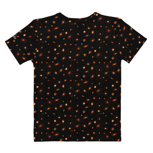 Digital mock-up back of flat t-shirt, round neck and short sleeves, black with small red and orange images of planet-forming disks at various angles. 