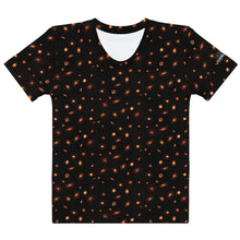 Load image into Gallery viewer, Digital mock-up front of flat t-shirt, round neck and short sleeves, black with small red and orange images of planet-forming disks at various angles.