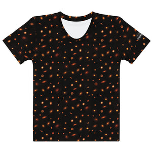Digital mock-up front of flat t-shirt, round neck and short sleeves, black with small red and orange images of planet-forming disks at various angles. 
