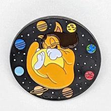 Load image into Gallery viewer, Cat-purr-nicur round enamel pin with an orange cartoon cat holding the Sun surrounded by planets on a black space background