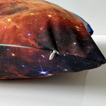 Load image into Gallery viewer, detail of the JWST Cosmic Cliffs of the Carina Nebula throw pillow showing the white hidden zipper at the corner