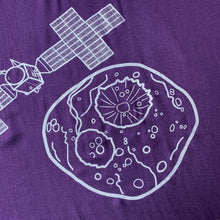 Load image into Gallery viewer, illustration detail of the Psyche asteroid and part of the spacecraft in silver ink on a purple plush-weave scarf