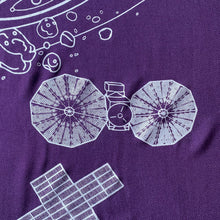 Load image into Gallery viewer, illustration detail of the Lucy spacecraft and surrounding details in silver ink on a purple plush-weave scarf