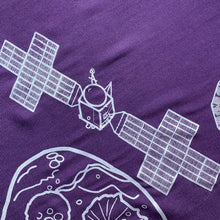 Load image into Gallery viewer, illustration detail of the Psyche spacecraft in silver ink on a purple plush-weave scarf