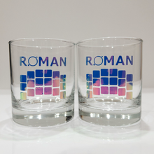 Load image into Gallery viewer, Two clear glasses with &#39;ROMAN&#39; printed on them against a white background