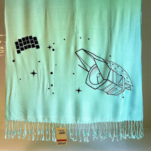 Load image into Gallery viewer,  cyan scarf with dark ink printing of the Roman space telescope, stars, and field of view, hanging straight with fringe at the bottom on a white background
