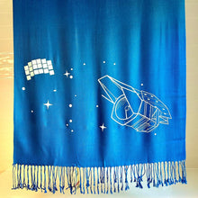 Load image into Gallery viewer, blue scarf with light ink printing of the Roman space telescope, stars, and field of view, hanging straight with fringe at the bottom on a white background