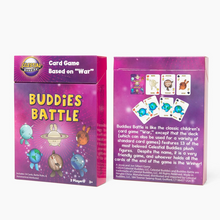 Load image into Gallery viewer, Two card game boxes for &quot;Buddies Battle&quot;, one showing the front and one showing the back, with a pink and purple space-y design and sdorable planet characters on a white background
