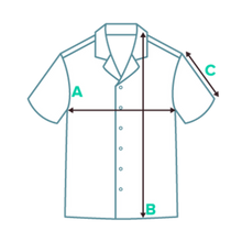Load image into Gallery viewer, Outline of shirt with chest, length, and sleeve measurement locations labeled