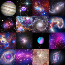 Load image into Gallery viewer, 4 by 4 collage of space images included in the Chandra X-Ray Observatory 25th anniversary postcard set