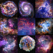 Load image into Gallery viewer, 3 by 3 collage of space images included in the Chandra X-Ray Observatory 25th anniversary postcard set