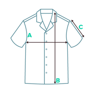 Outline of shirt with chest, length, and sleeve measurement locations labeled