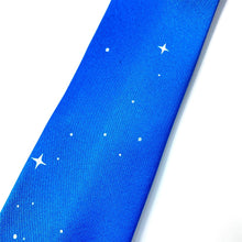 Load image into Gallery viewer, Keck Observatory Necktie, bright blue tie with observatory dome and night sky illustration in white, detail of the stars, on a white background