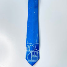 Load image into Gallery viewer, Keck Observatory Necktie Keck Observatory Necktie, bright blue tie with observatory domes and night sky illustration in white, laid flat vertically, on a white background
