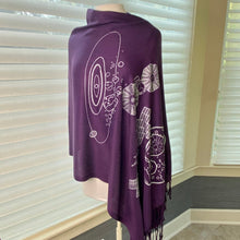 Load image into Gallery viewer, Psyche &amp; Lucy Asteroid Missions Scarf (purple with silver asteroid and spaceraft illustrations) draped on a mannequin with a background of shaded windows.