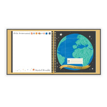 Load image into Gallery viewer, Notebook with planets and Earth design on a white background
