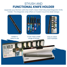 Load image into Gallery viewer, Promotional image of a magnetic knife holder with text highlighting its features.