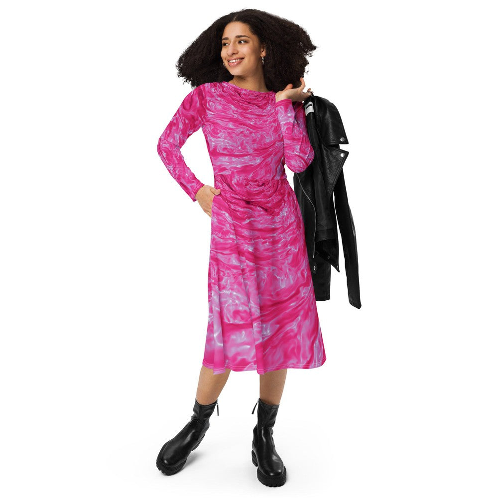 Pink Astrophysics Long-Sleeve Midi Dress with Pockets