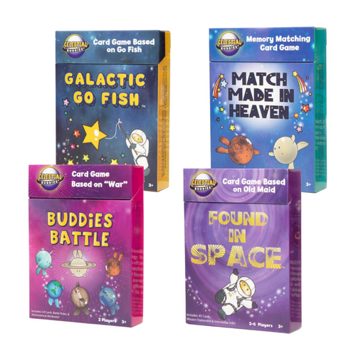 Four card game boxes from Celestial Entropy on a white background