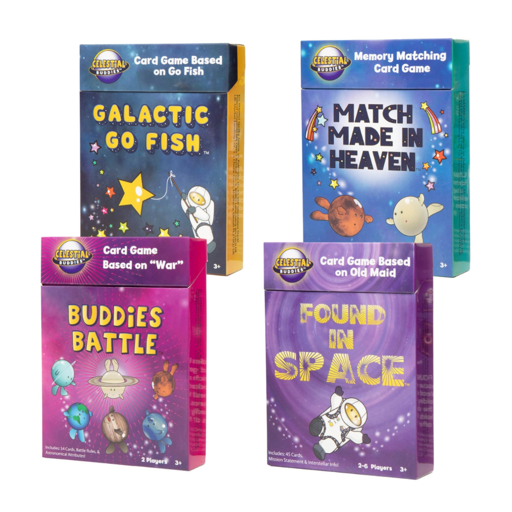 Four card game boxes from Celestial Entropy on a white background