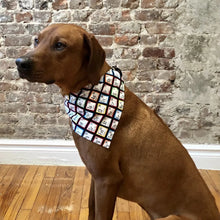 Load image into Gallery viewer, Brown dog wearing a patterned bandana sitting on a wooden floor with a brick wall background