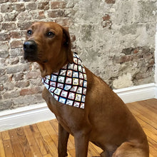 Load image into Gallery viewer, Brown dog wearing a bandana with a pattern, sitting on a wooden floor against a brick wall.