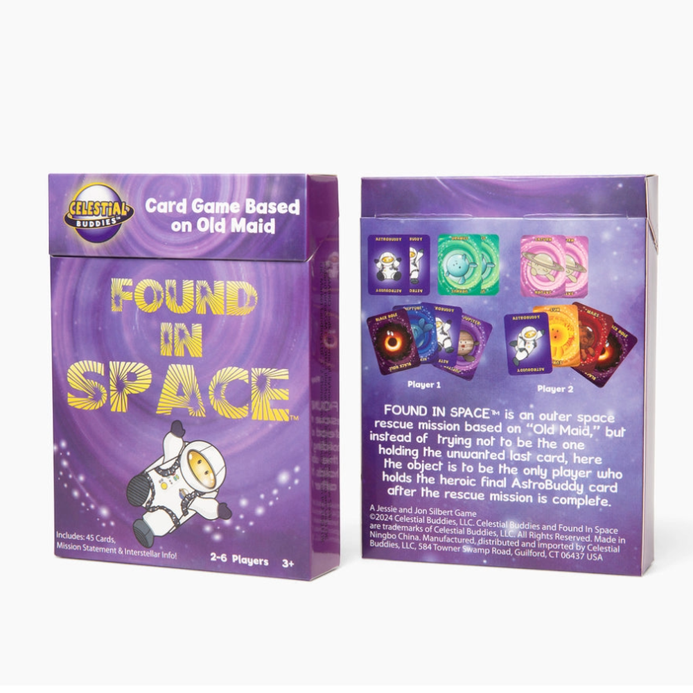 Two card game boxes titled 'Found in Space', one showing the front and one showing the back, on a white background