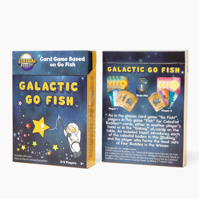 Two boxes of 'Galactic Go Fish' card game boxes, one showing the front and one showing the back, on a white background