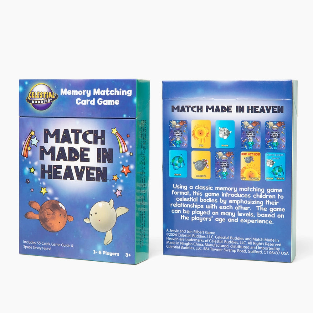 Two 'Match Made in Heaven' card game boxes, one showing the front and one showing the back, on a white background