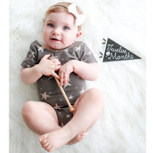 Load image into Gallery viewer, Baby in a star-patterned onesie holding a wooden spoon on a white fluffy blanket with a 'Twelve Months' banner.