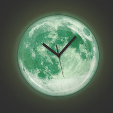 Load image into Gallery viewer, glow in the dark moon image clock on a dark background, glowing greenish