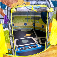 Load image into Gallery viewer, View inside the play tent from outside, with the flap opening rolled up and tied. 