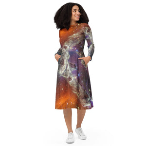 JWST Multicolor Pillars of Creation Long Sleeve Midi Dress with Pockets