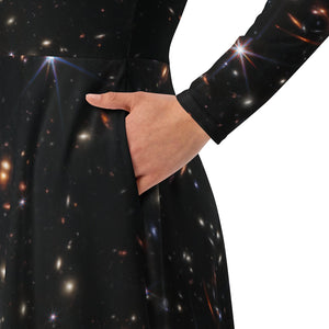 JWST SMACS 0723 Galaxy Cluster Deep Field Long-Sleeve Midi Dress with Pockets