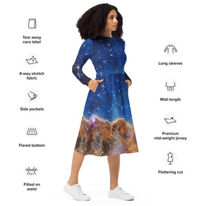 JWST Carina Nebula Long-Sleeve Midi Dress with Pockets