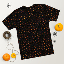 Load image into Gallery viewer, Digital mock-up of t-shirt back, black with small red and orange images of planet-forming disks at various angles, Startorialist logo on left arm, Halloween decor to the sides of shirt.