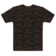Load image into Gallery viewer, Digital mock-up of t-shirt back, black with small red and orange images of planet-forming disks at various angles, Startorialist logo on left arm.