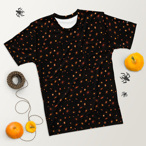 Digital mock-up of t-shirt front, black with small red and orange images of planet-forming disks at various angles, Startorialist logo on left arm, Halloween decor to the sides of shirt.