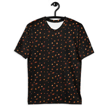 Load image into Gallery viewer, Digital mock-up of t-shirt front, black with small red and orange images of planet-forming disks at various angles. 