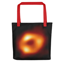 Load image into Gallery viewer, Digital mock up of a black tote bag with red handle printed with the Event Horizon Telescope image of the Sgr A* supermassive black hole in the Milky Way Galaxy.